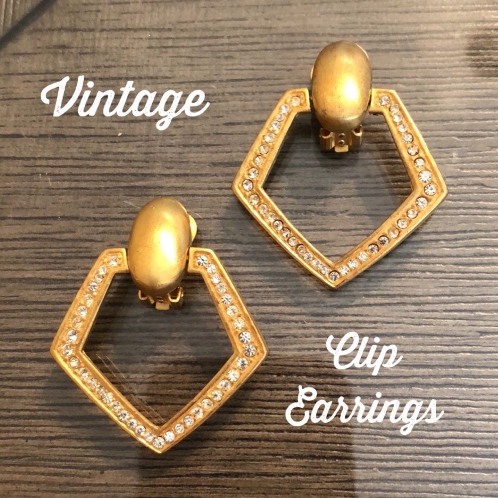 Vintage Matte Gold & Rhinestone Clip Earrings Mod